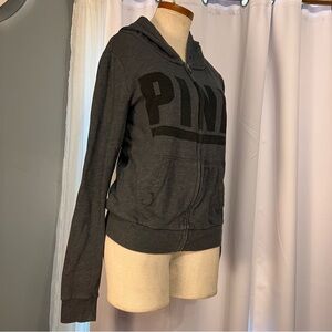 Victoria's Secret PINK Women's Grey and Black logo hoodie long sleeve zip up